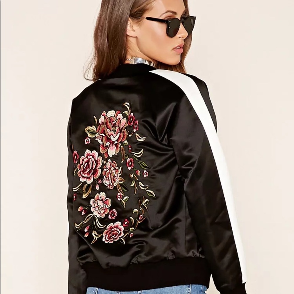 Forever 21 Floral Embroidered Bomber Jacket